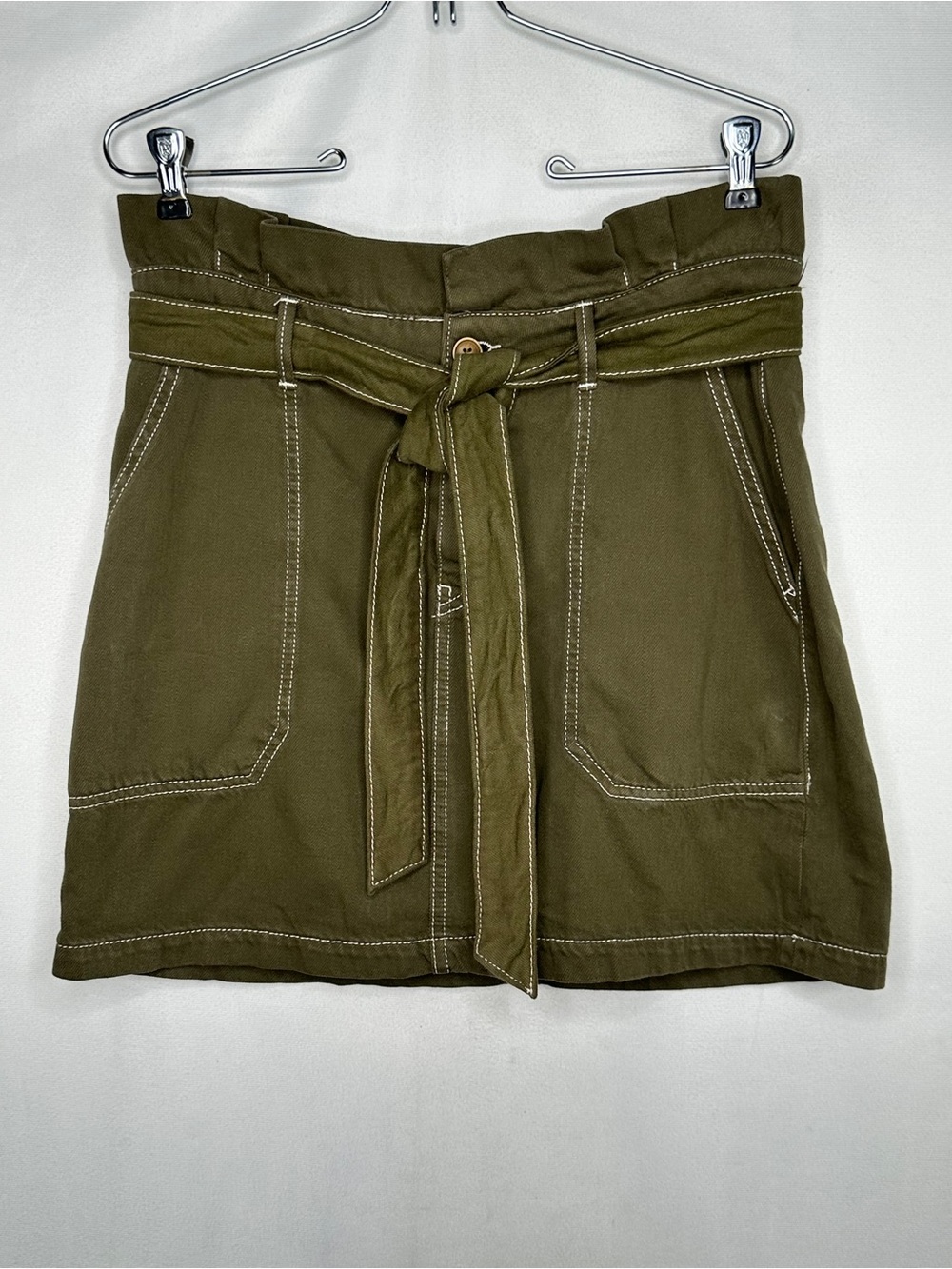 Free People Splendor In The Grass Olive Mini Skirt Paper Bag Waist Y2K Sz 12